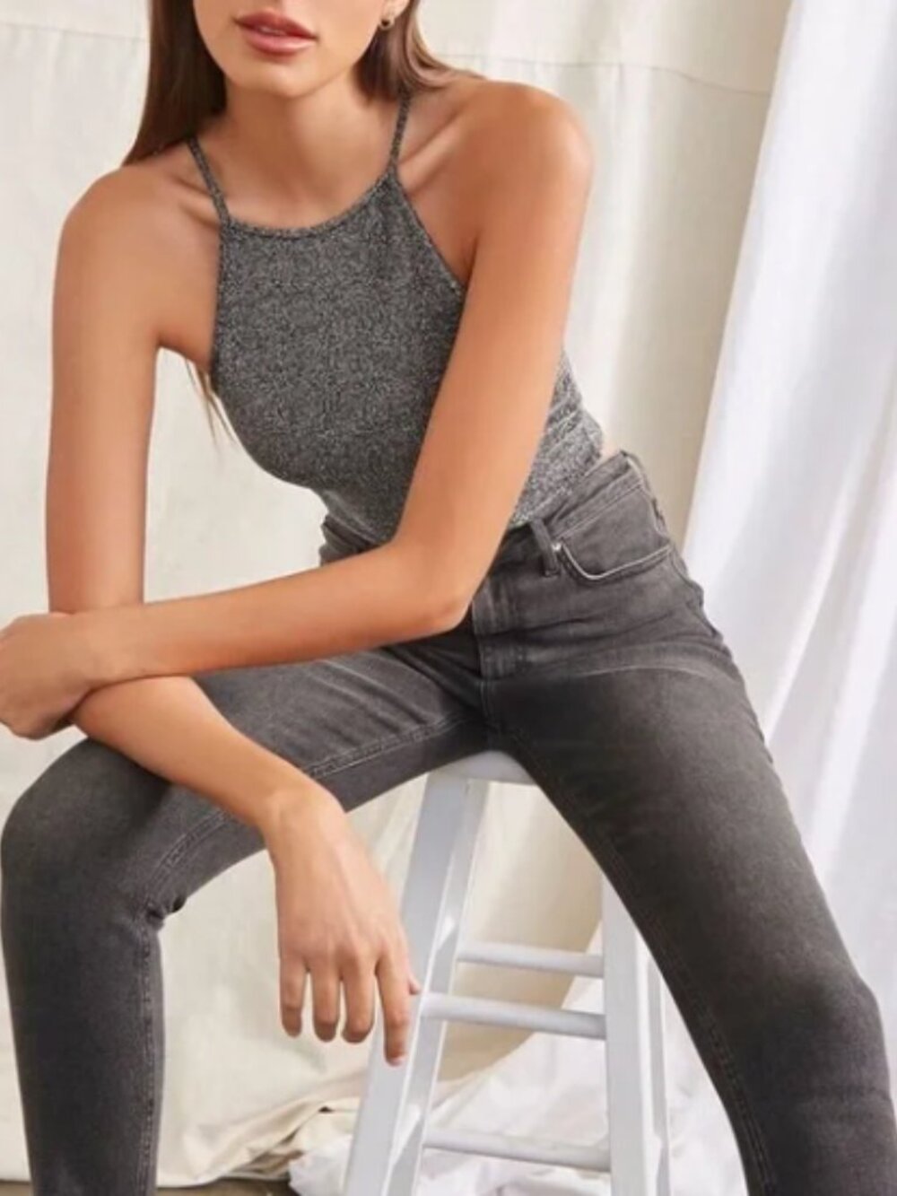 Forever 21 Silver Glitter Knit Cropped Cami Top Crop Black - Picture 2 of 9